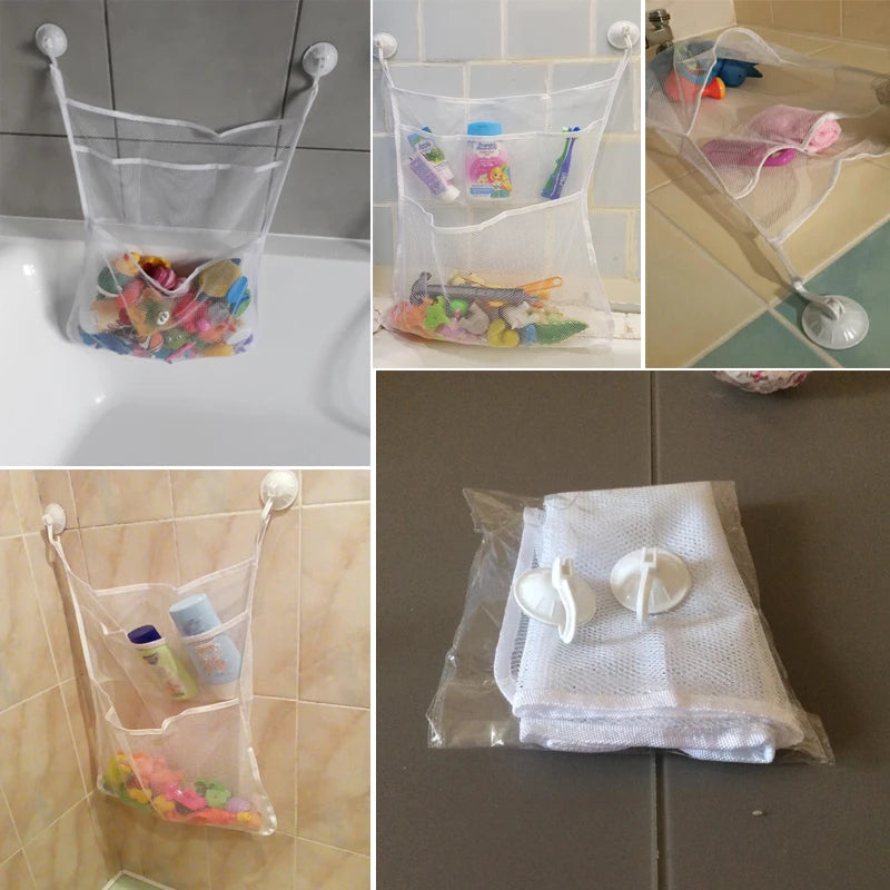 White Mesh Toy Storage Bag – Suction Cup Organizer for Baby Bath Toys