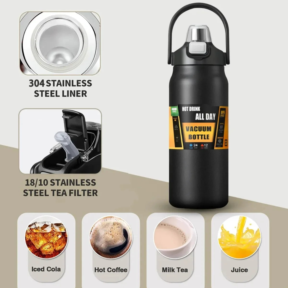 Stainless Steel Thermos with Straw - Outdoor Sports Thermal Mug, Vacuum Flask for Hot Water Travel