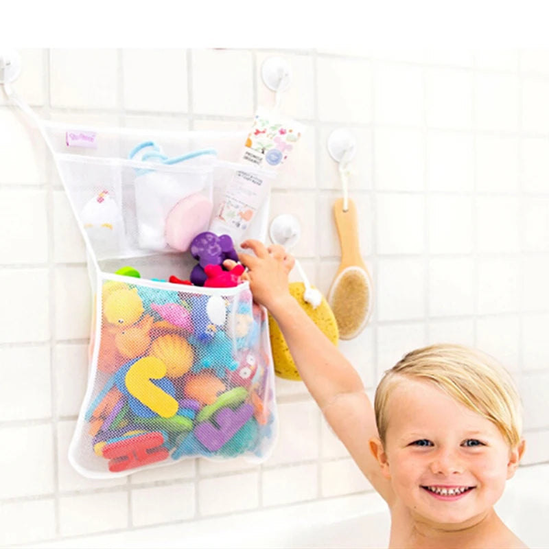 White Mesh Toy Storage Bag – Suction Cup Organizer for Baby Bath Toys