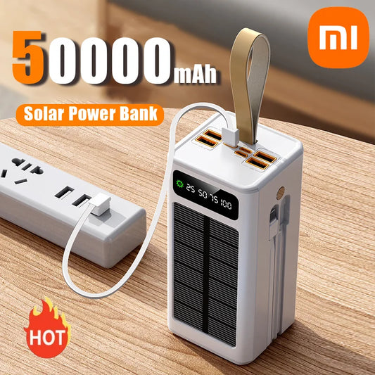 50,000mAh Heavy-Duty Solar Power Bank with Built-in Cables & LED Light – High-Capacity External Battery for iPhone & Lenovo